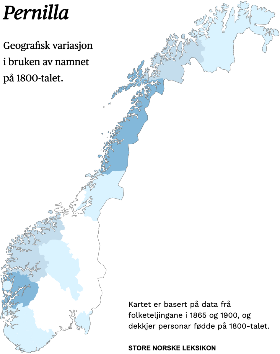 Geografisk variasjon i bruk av namnet Pernilla på 1800-talet.