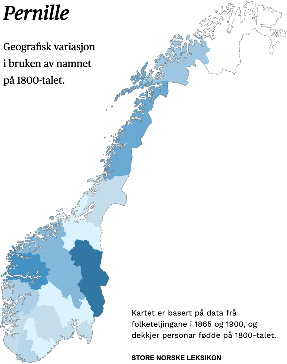 Geografisk variasjon i bruk av namnet Pernille på 1800-talet.