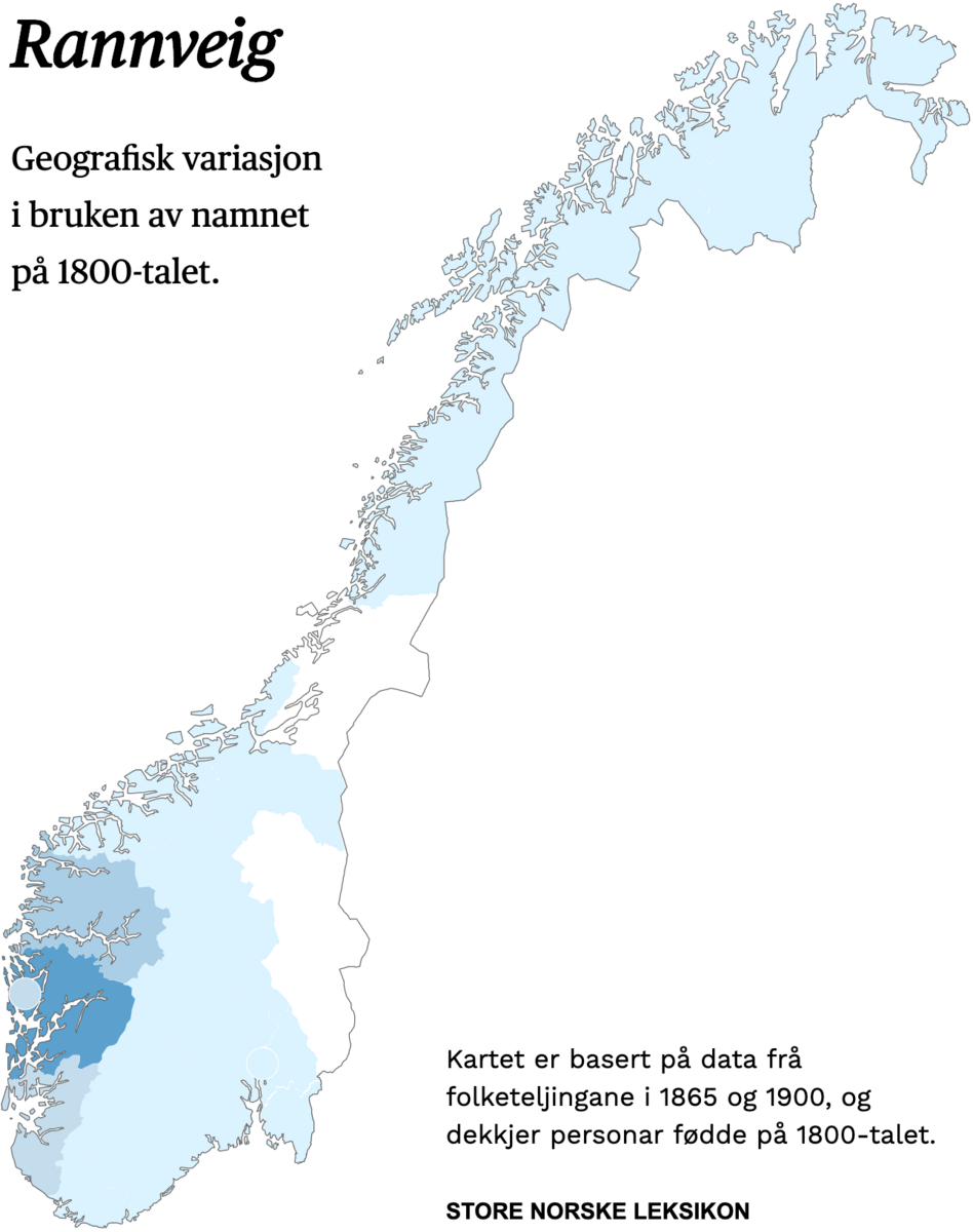 Geografisk variasjon i bruk av namnet Rannveig på 1800-talet.