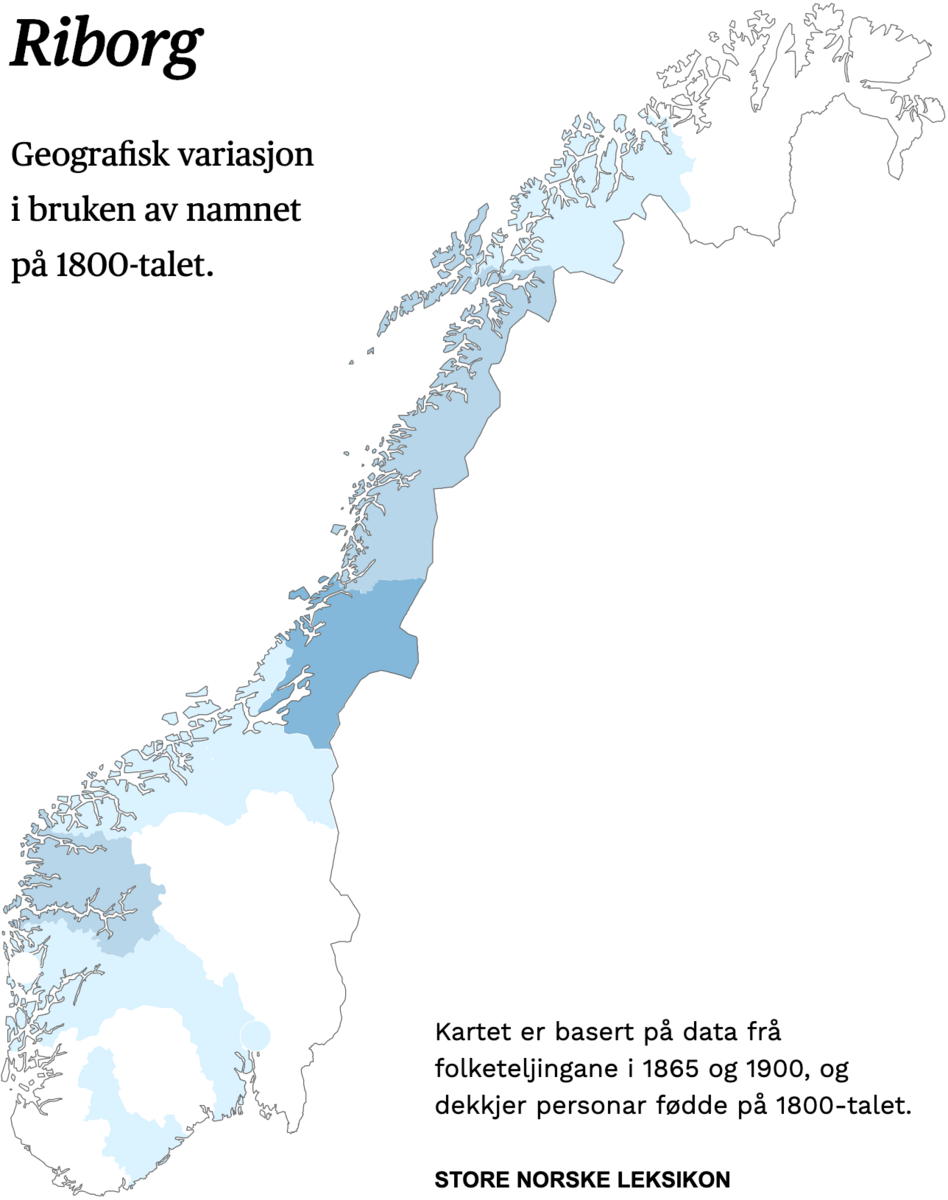 Geografisk variasjon i bruk av namnet Riborg på 1800-talet.