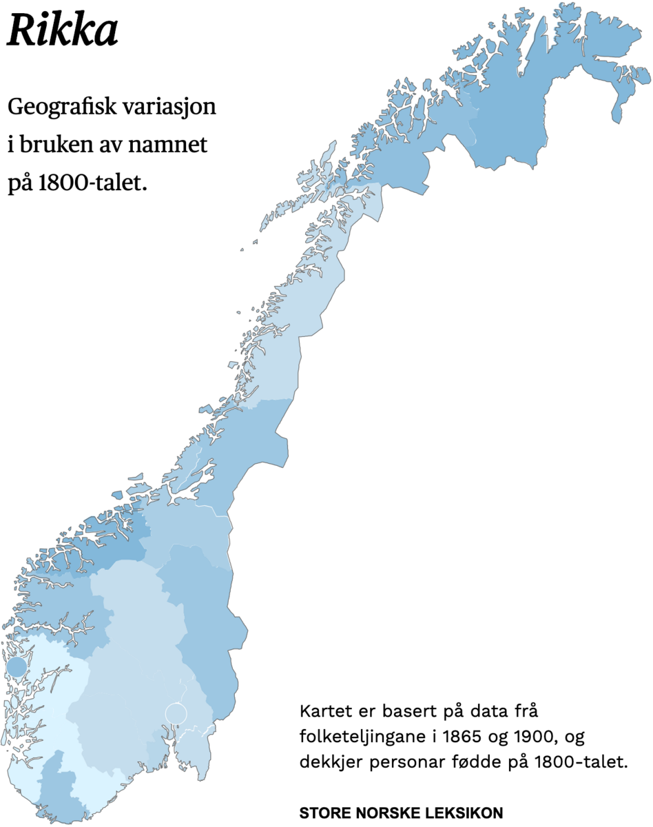 Geografisk variasjon i bruk av namnet Rikka på 1800-talet.