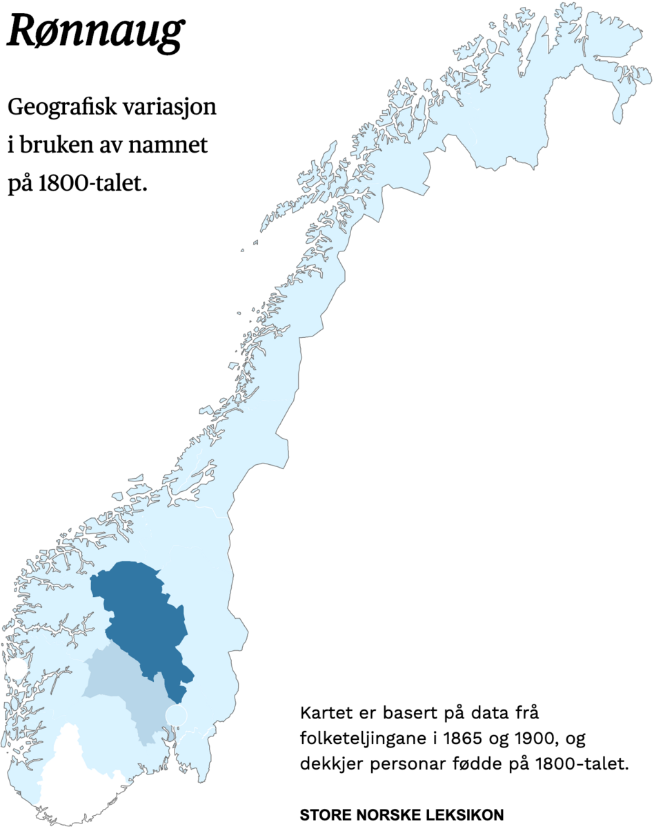 Geografisk variasjon i bruk av namnet Rønnaug på 1800-talet.