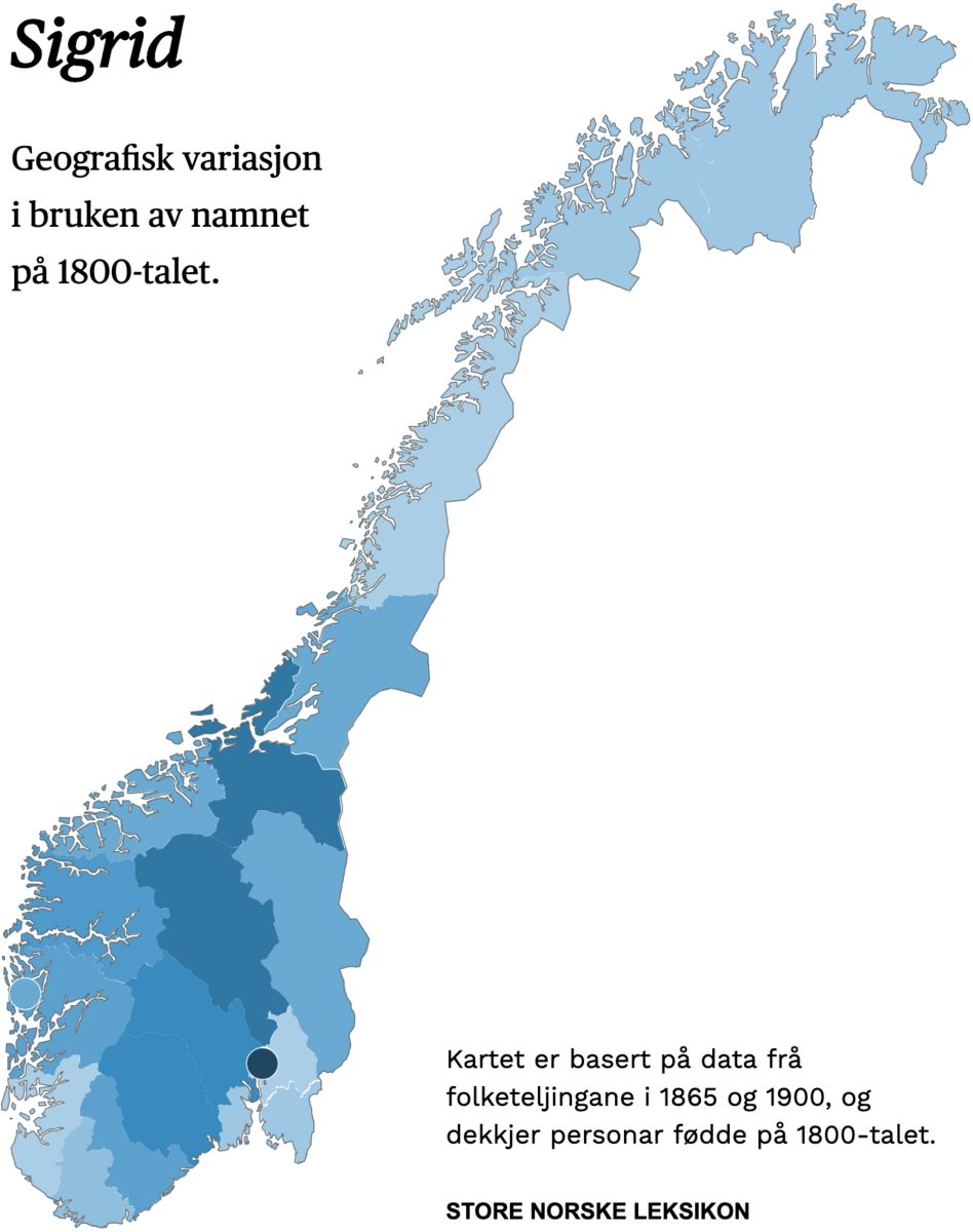 Geografisk variasjon i bruk av namnet Sigrid på 1800-talet.