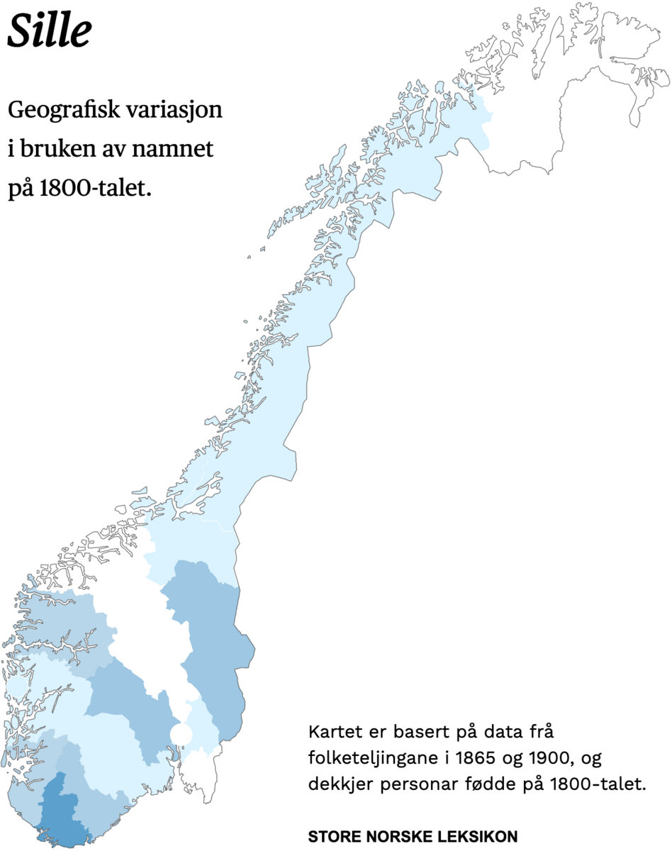 Geografisk variasjon i bruk av namnet Sille på 1800-talet.