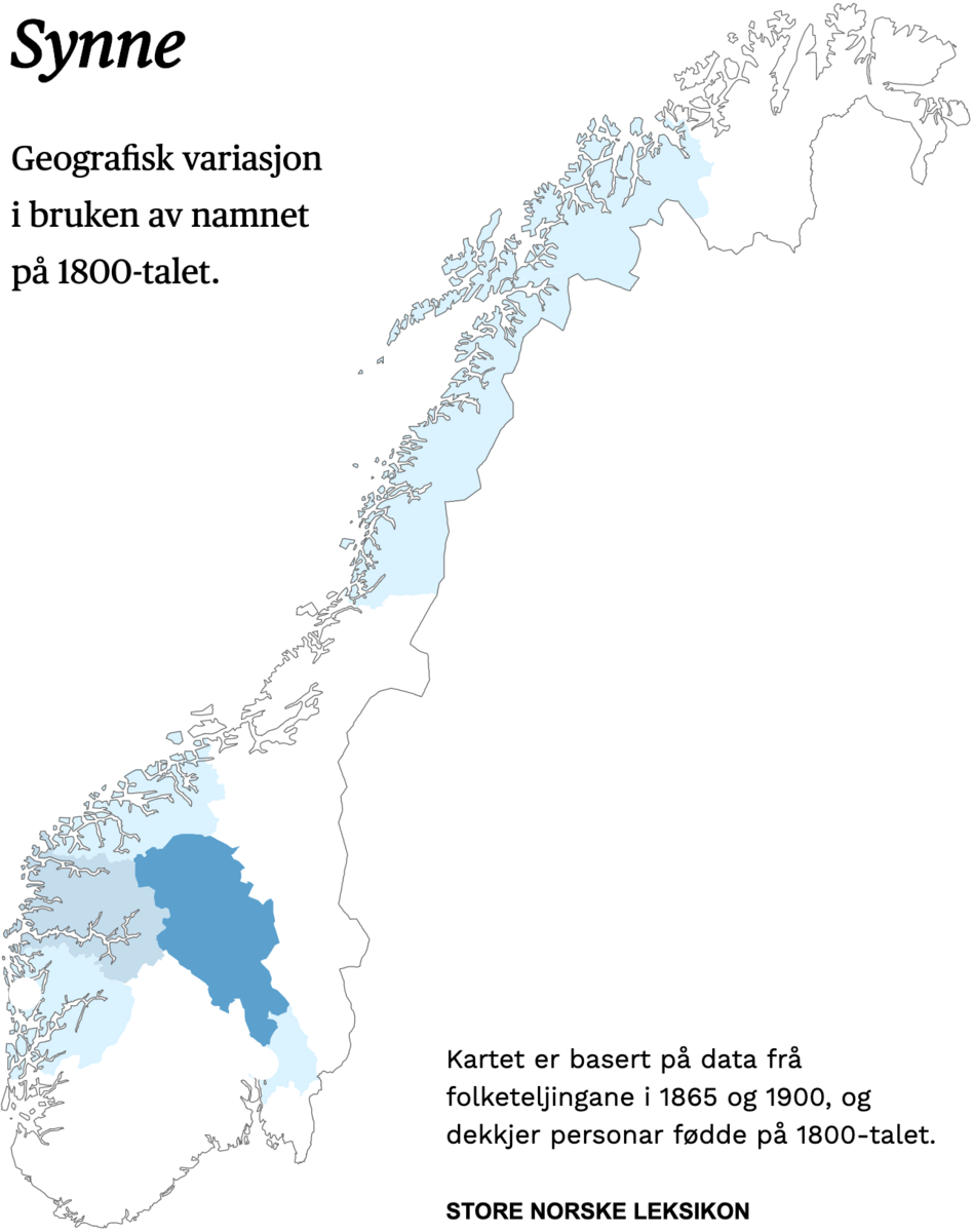 Geografisk variasjon i bruk av namnet Synne på 1800-talet.
