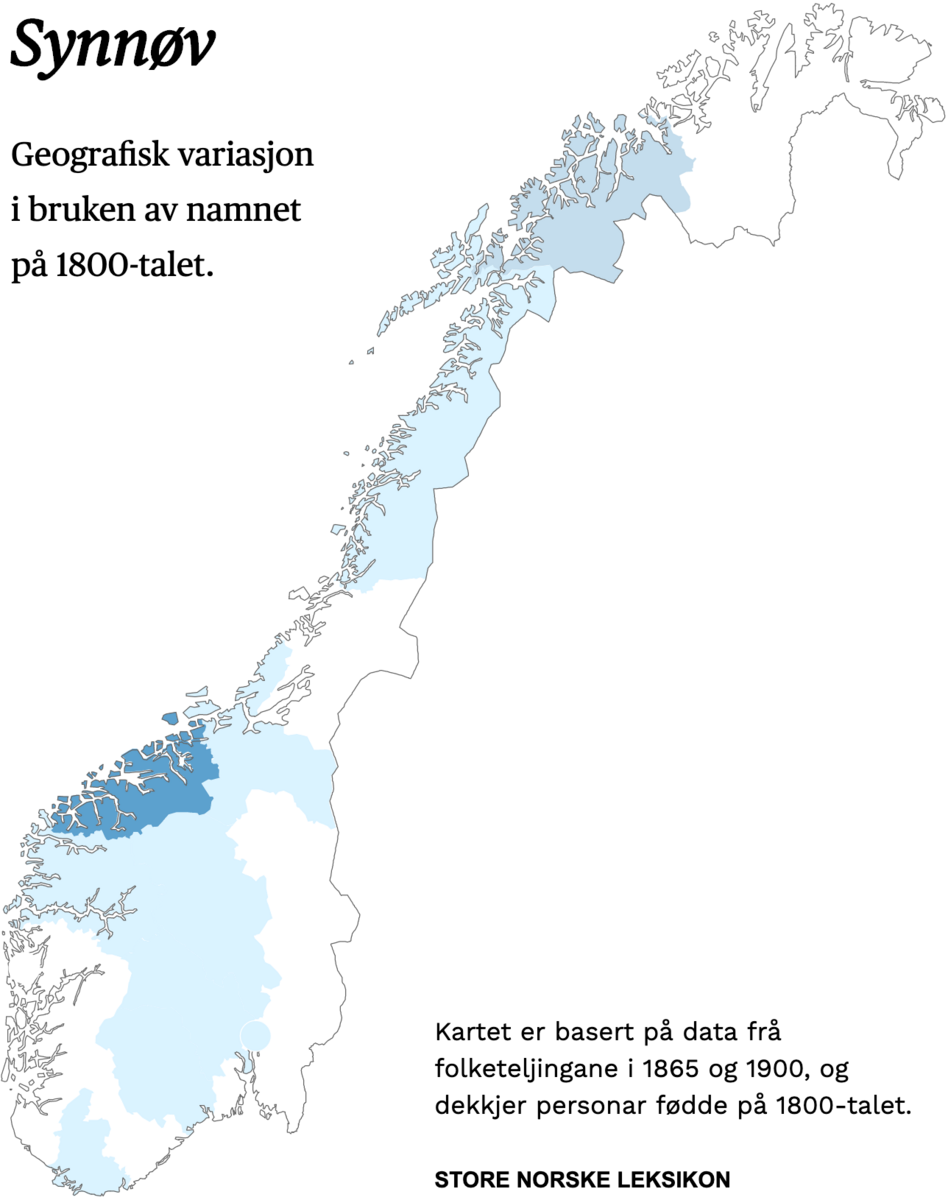 Geografisk variasjon i bruk av namnet Synnøv på 1800-talet.