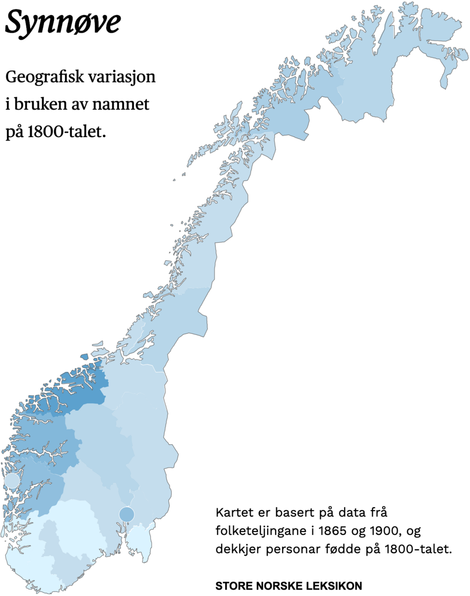 Geografisk variasjon i bruk av namnet Synnøve på 1800-talet.