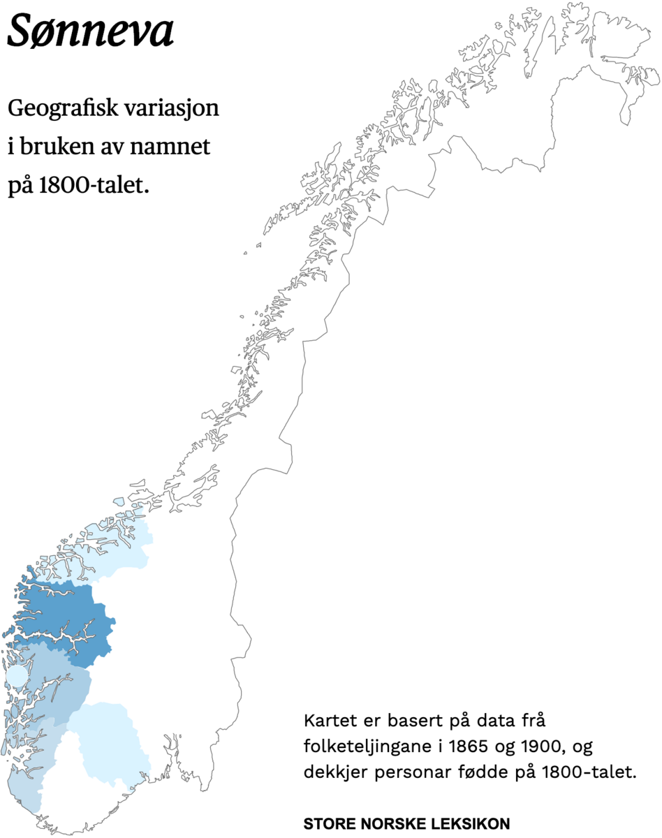 Geografisk variasjon i bruk av namnet Sønneva på 1800-talet.