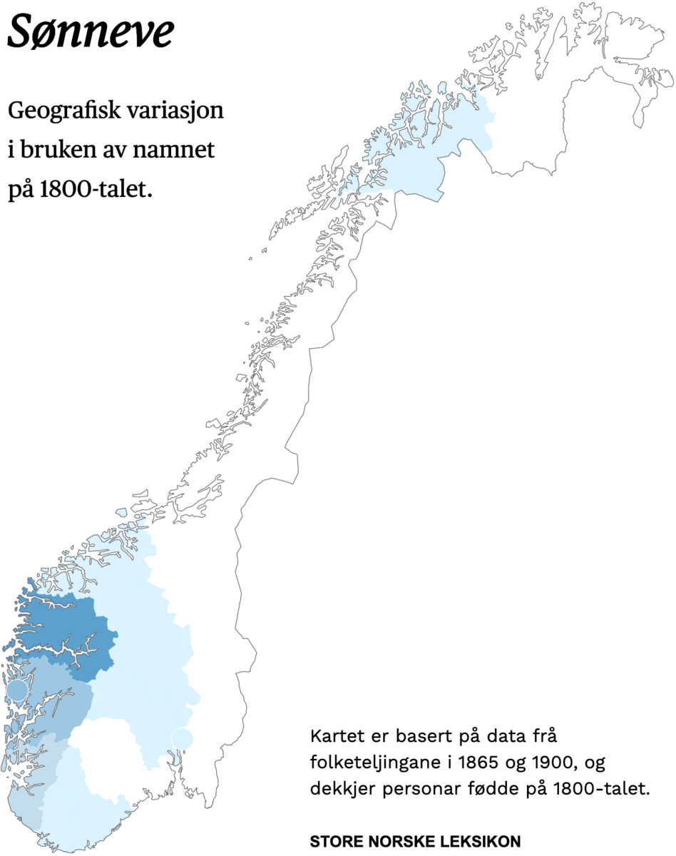 Geografisk variasjon i bruk av namnet Sønneve på 1800-talet.