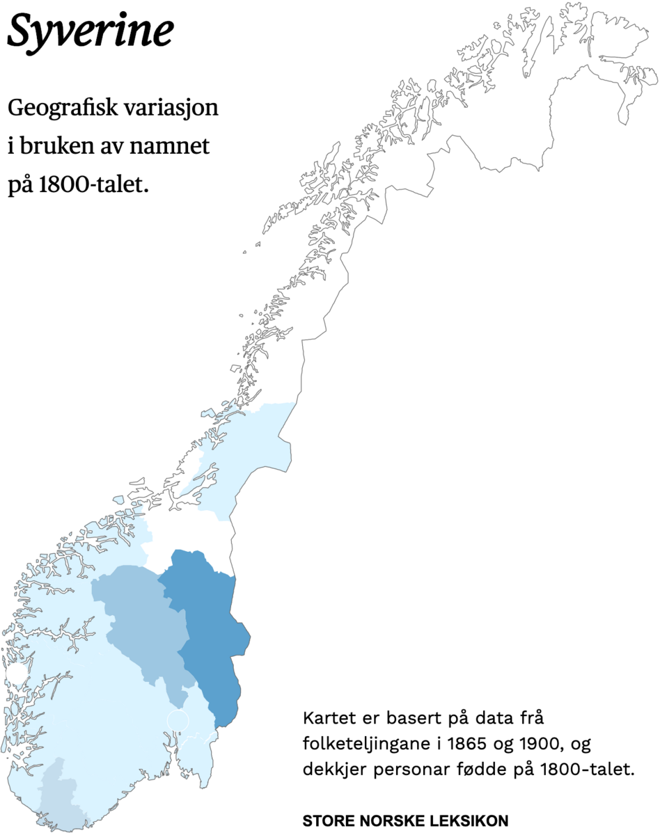 Geografisk variasjon i bruk av namnet Syverine på 1800-talet.