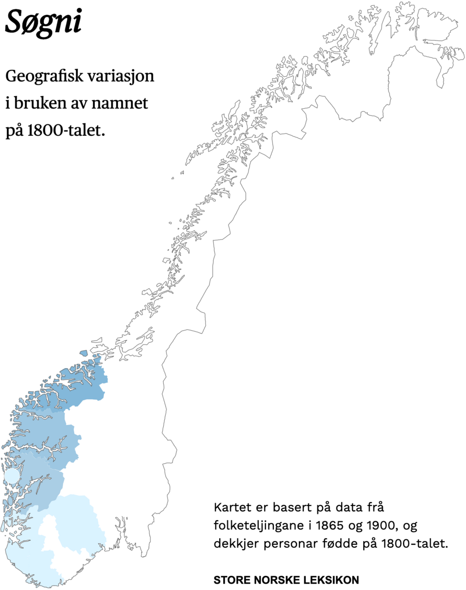 Geografisk variasjon i bruk av namnet Søgni på 1800-talet.