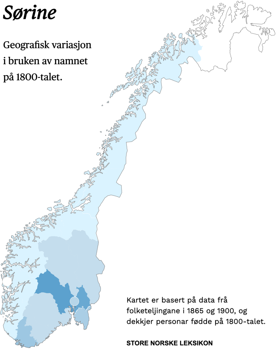 Geografisk variasjon i bruk av namnet Sørine på 1800-talet.