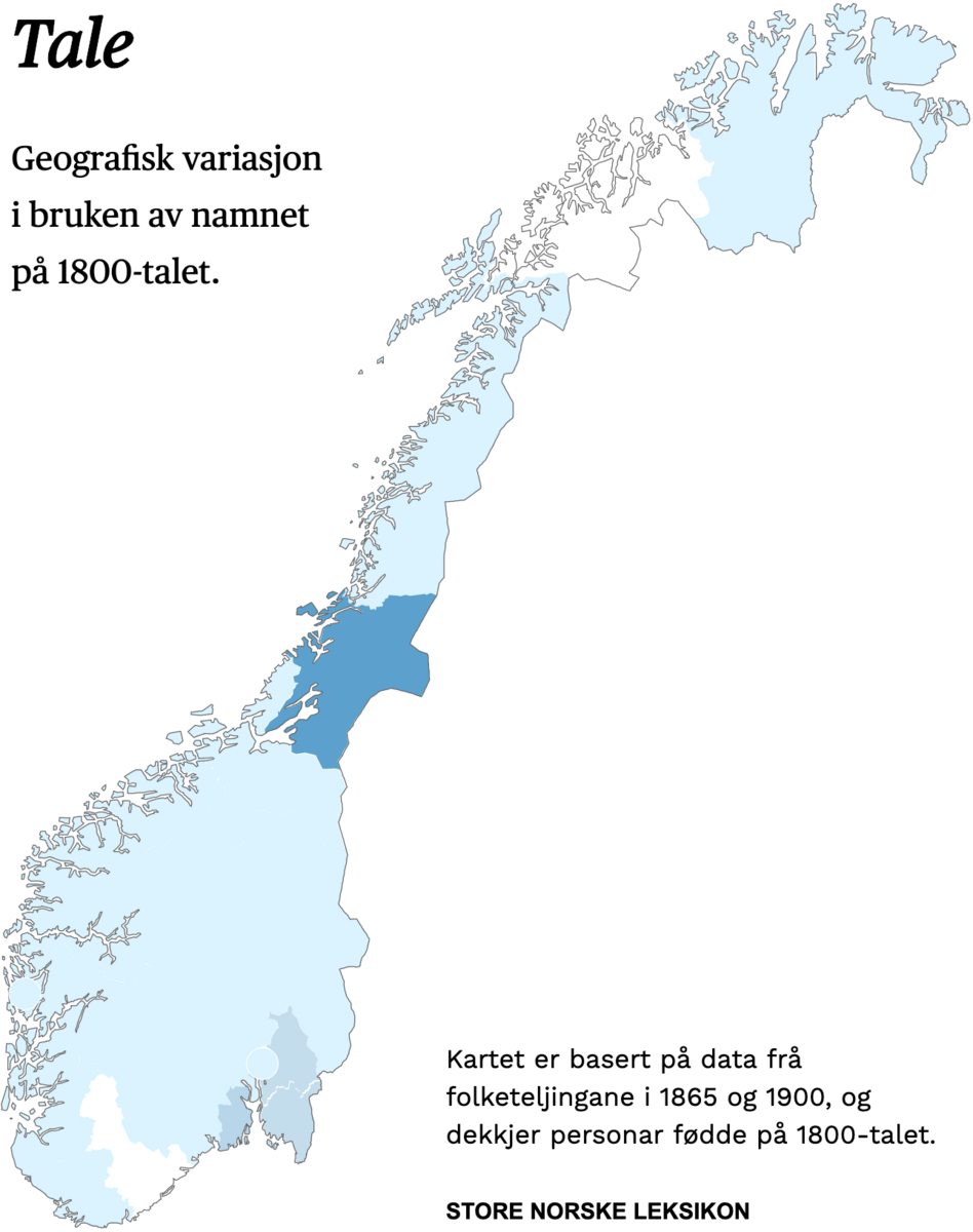 Geografisk variasjon i bruk av namnet Tale på 1800-talet.