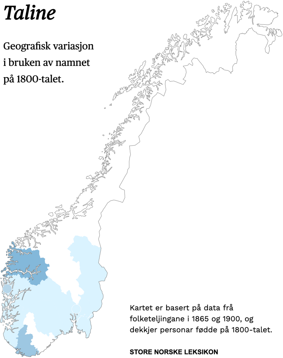 Geografisk variasjon i bruk av namnet Taline på 1800-talet.