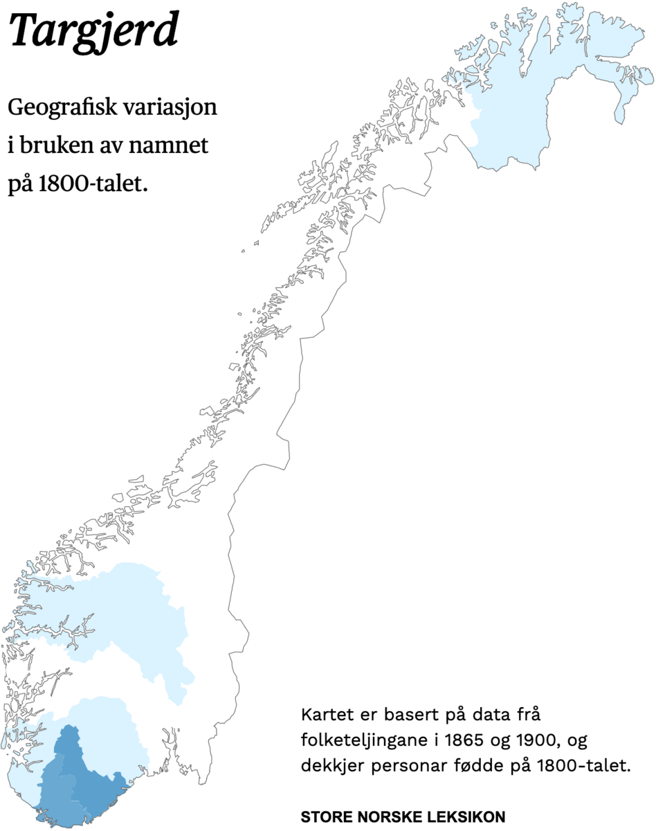Geografisk variasjon i bruk av namnet Targjerd på 1800-talet.