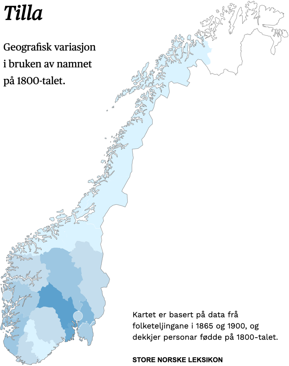 Geografisk variasjon i bruk av namnet Tilla på 1800-talet.