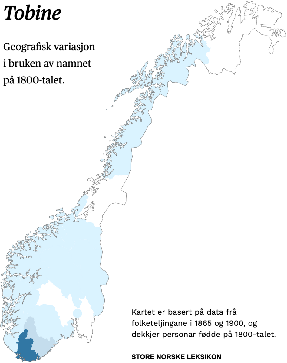 Geografisk variasjon i bruk av namnet Tobine på 1800-talet.