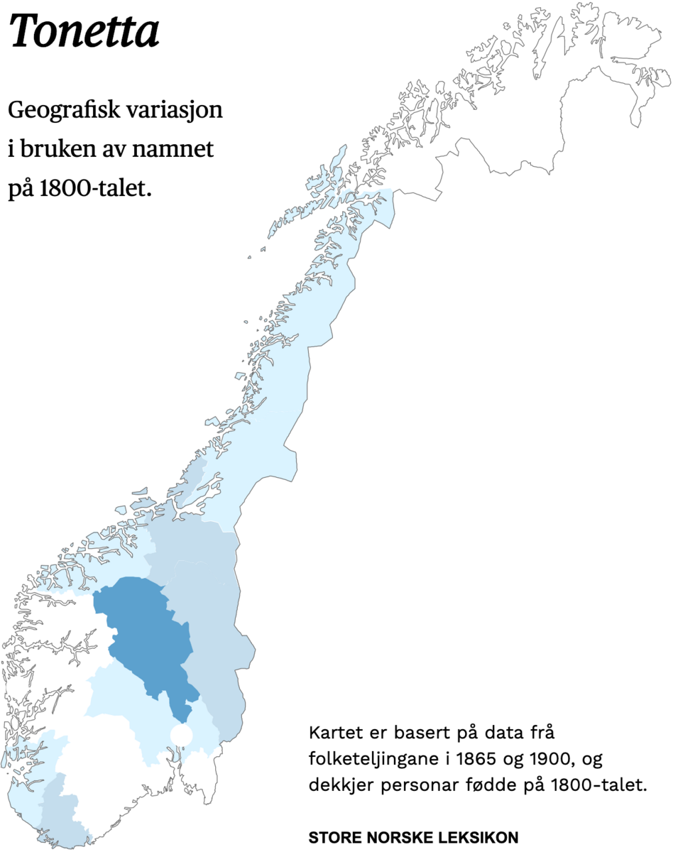 Geografisk variasjon i bruk av namnet Tonetta på 1800-talet.