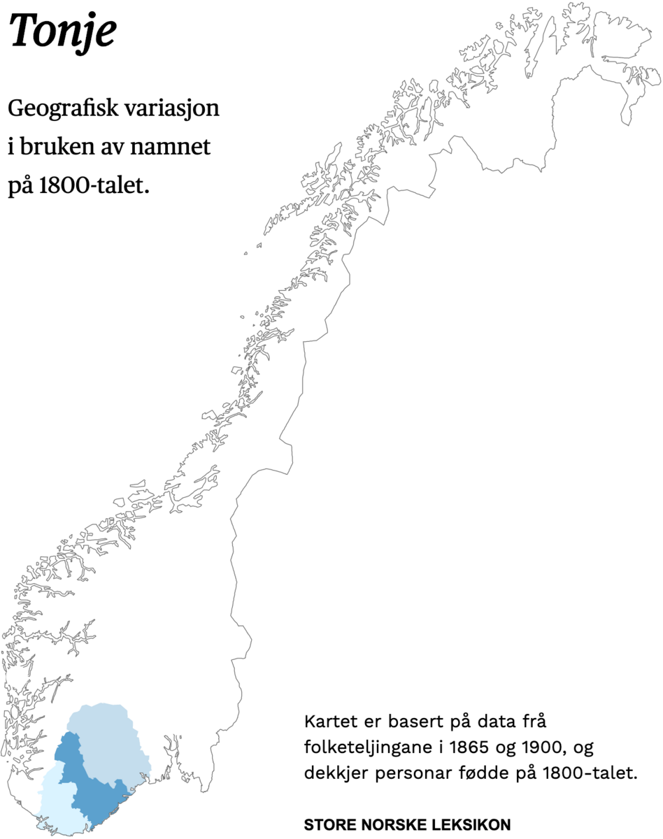 Geografisk variasjon i bruk av namnet Tonje på 1800-talet.