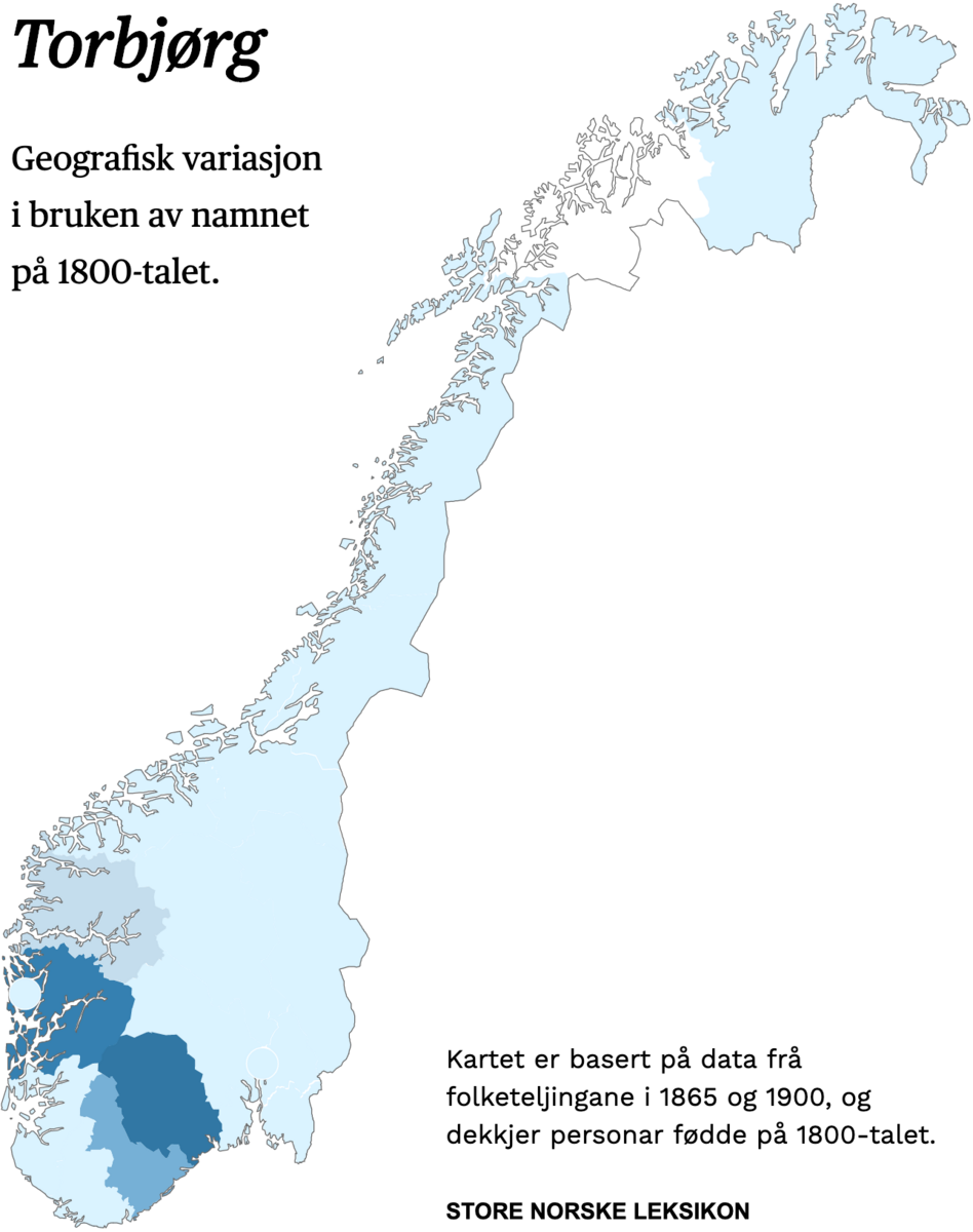 Geografisk variasjon i bruk av namnet Torbjørg på 1800-talet.
