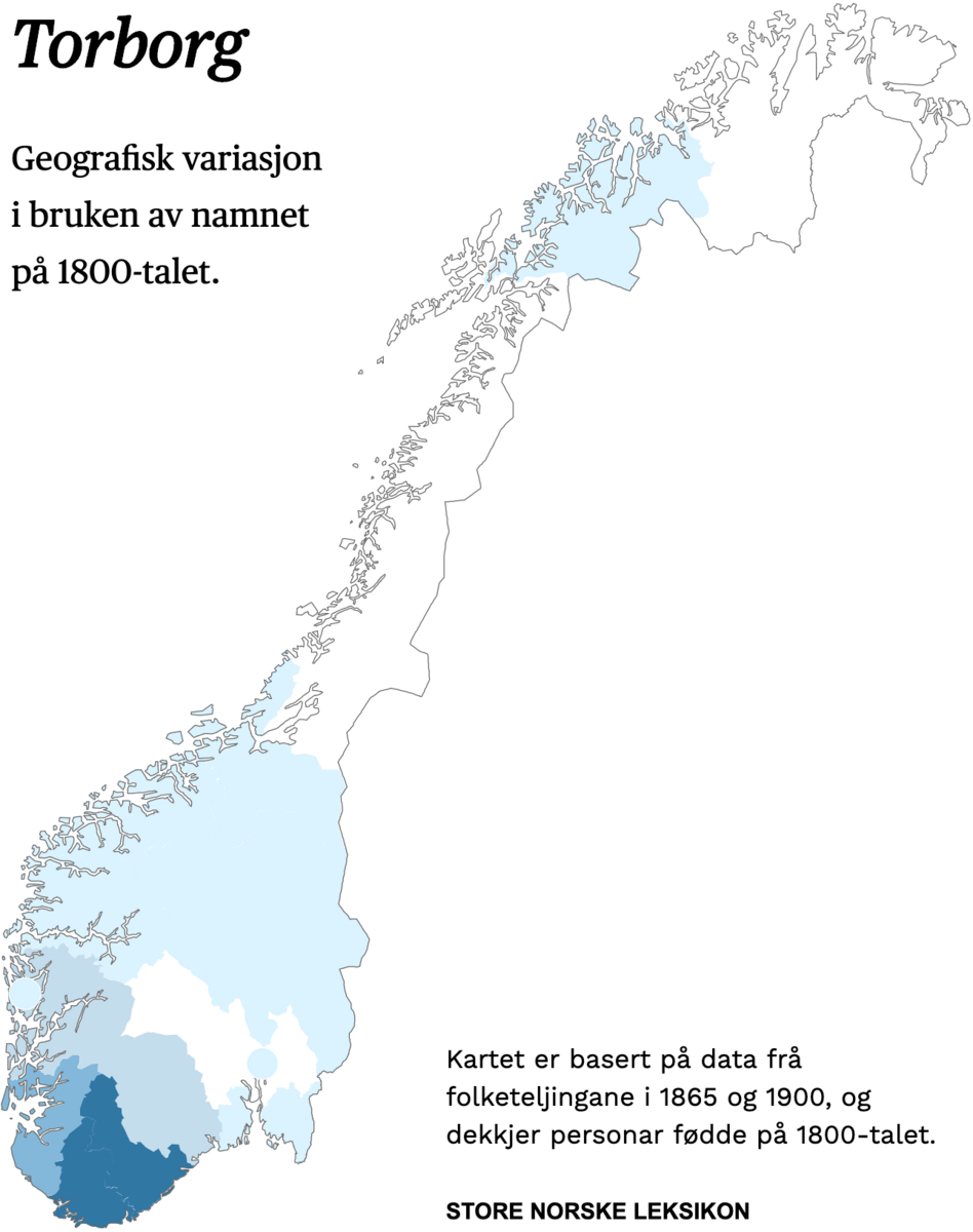Geografisk variasjon i bruk av namnet Torborg på 1800-talet.