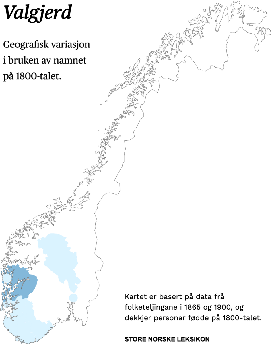 Geografisk variasjon i bruk av namnet Valgjerd på 1800-talet.