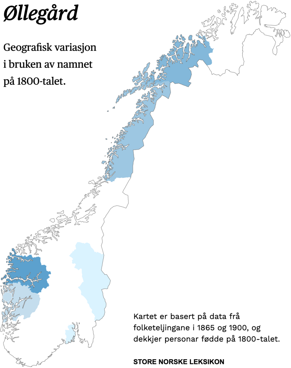 Geografisk variasjon i bruk av namnet Øllegård på 1800-talet.