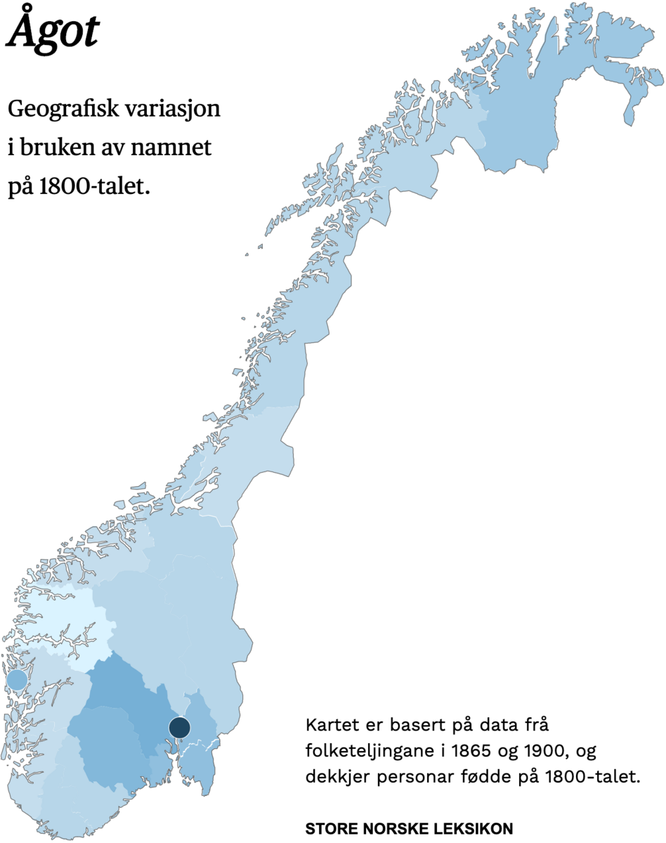 Geografisk variasjon i bruk av namnet Ågot på 1800-talet.