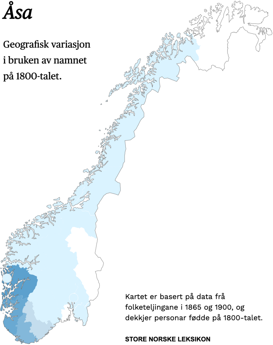 Geografisk variasjon i bruk av namnet Åsa på 1800-talet.