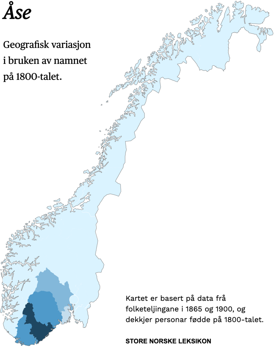 Geografisk variasjon i bruk av namnet Åse på 1800-talet.