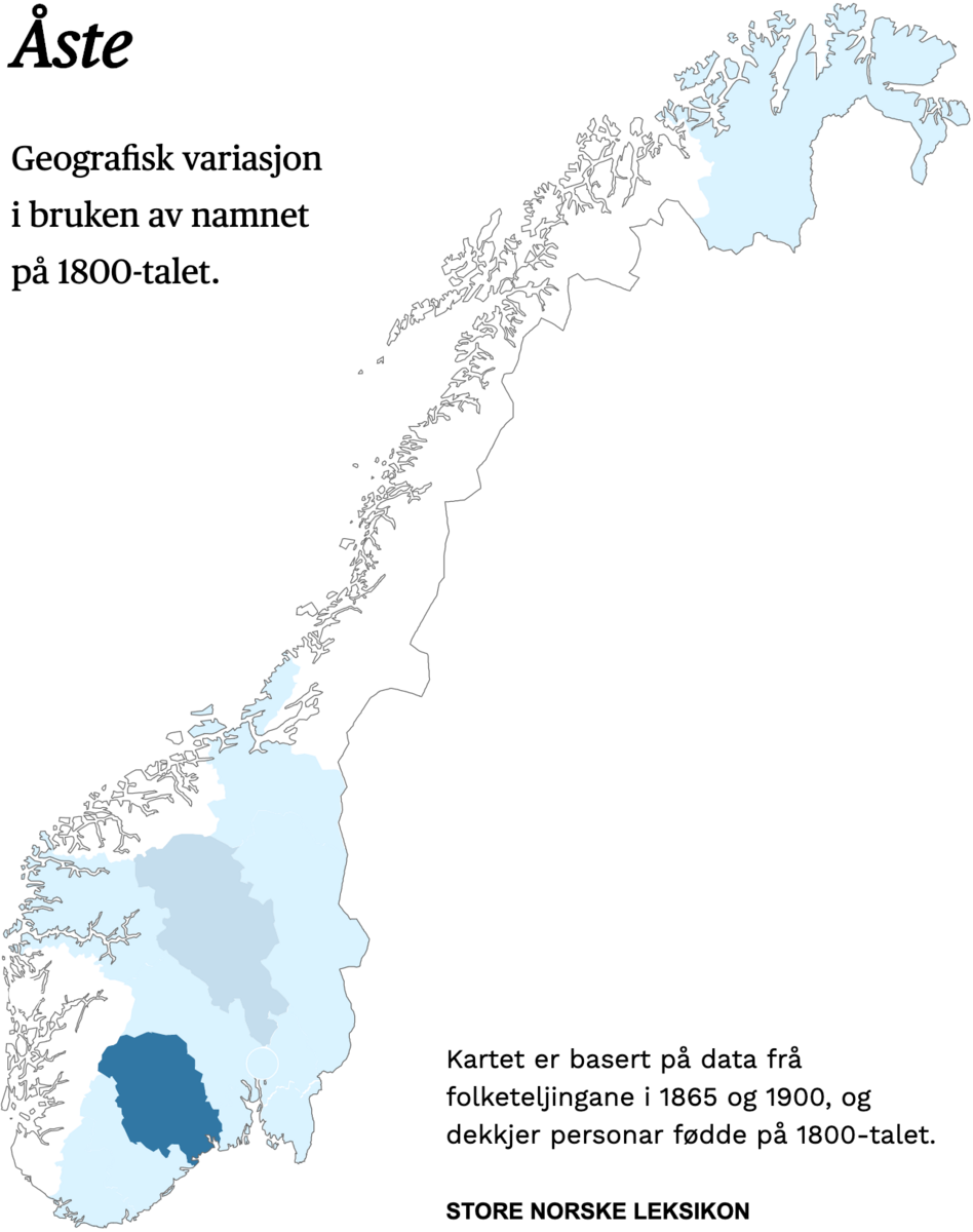 Geografisk variasjon i bruk av namnet Åste på 1800-talet.