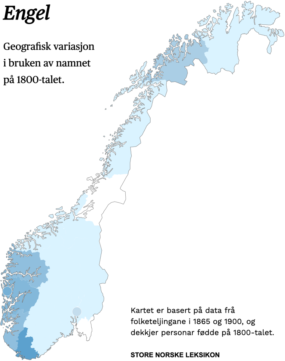 Geografisk variasjon i bruk av namnet Engel på 1800-talet.