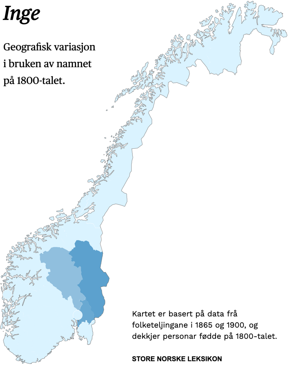 Geografisk variasjon i bruk av namnet Inge på 1800-talet.