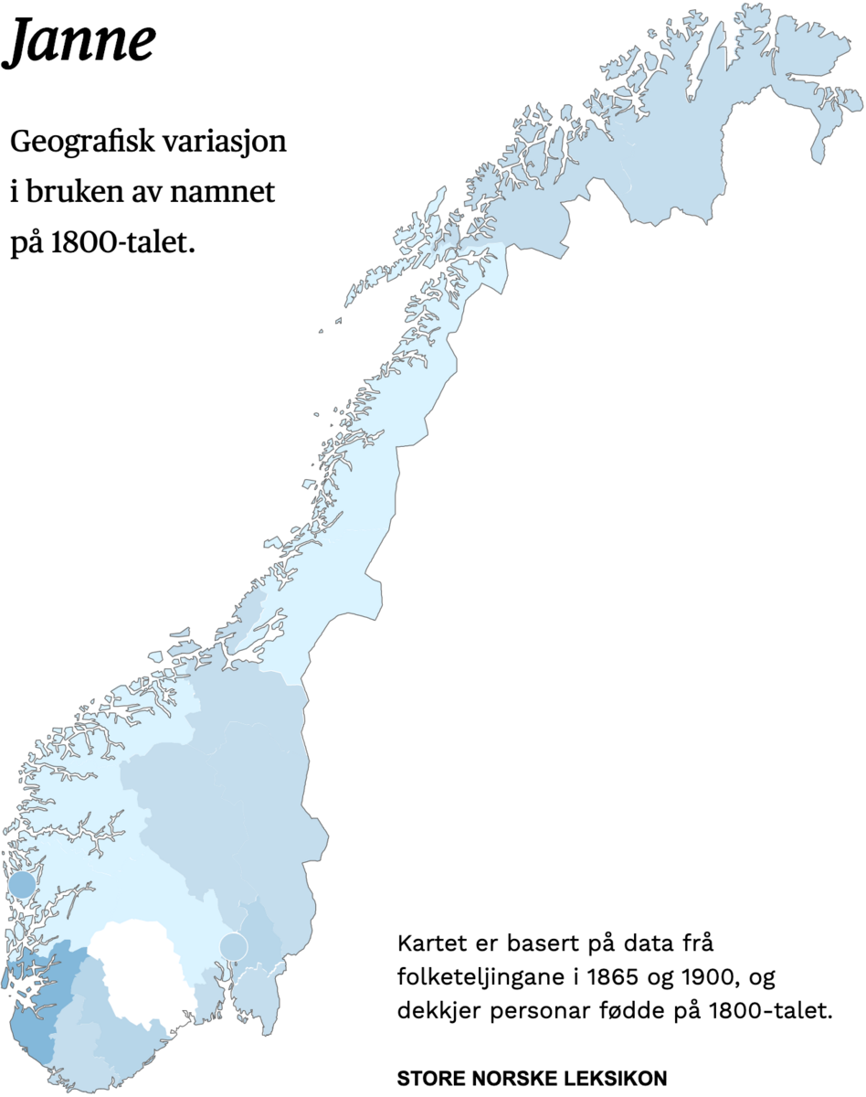 Geografisk variasjon i bruk av namnet Janne på 1800-talet.