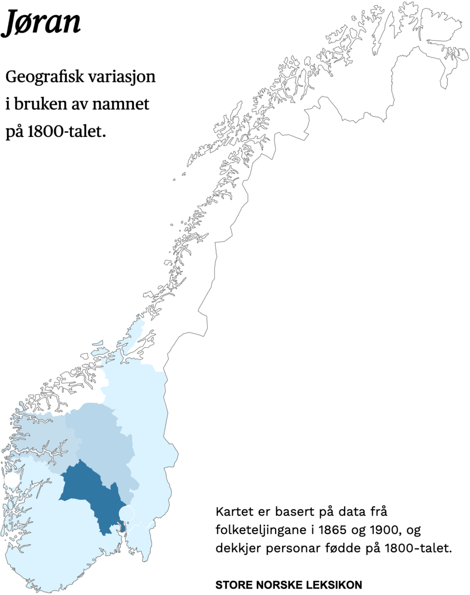 Geografisk variasjon i bruk av namnet Jøran på 1800-talet.