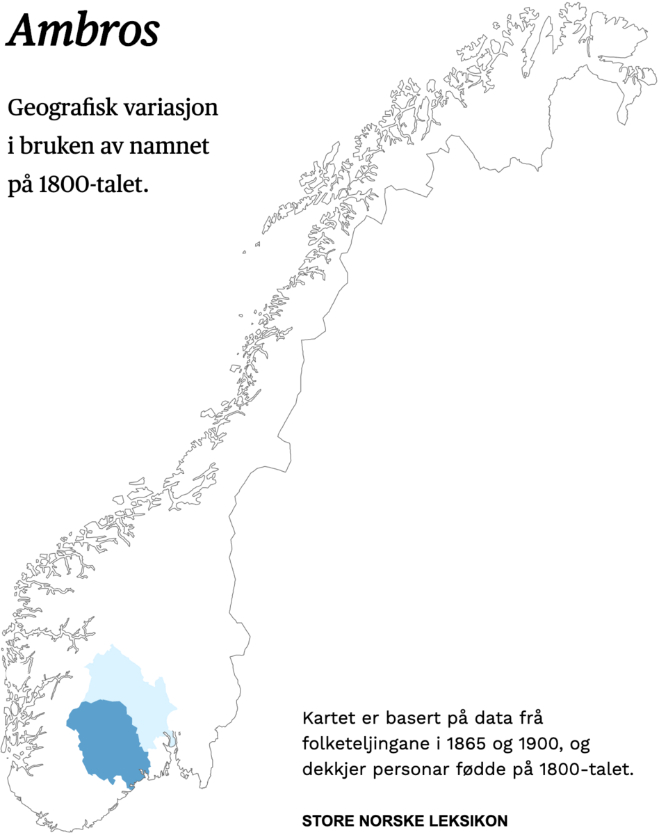 Geografisk variasjon i bruk av namnet Ambros på 1800-talet.