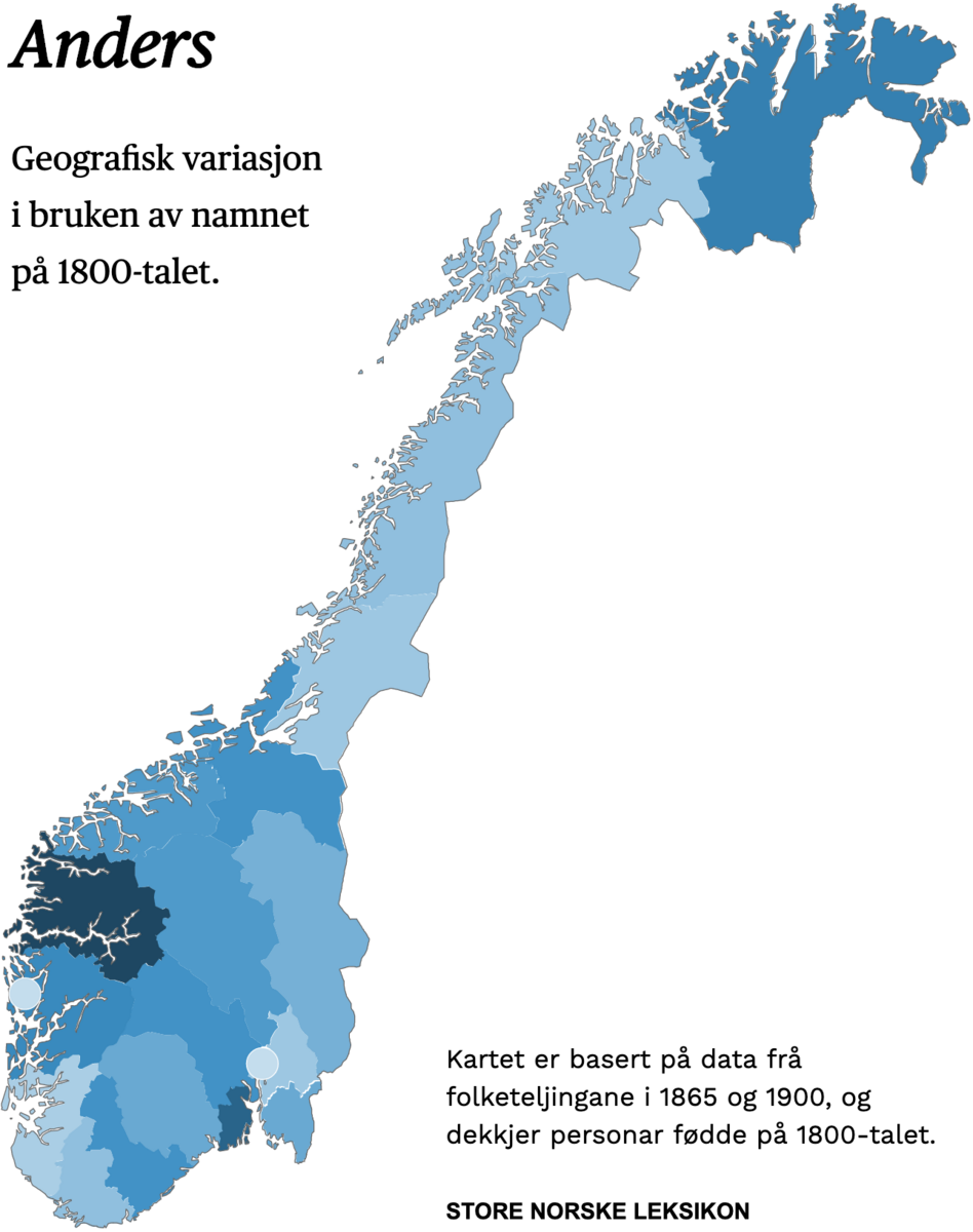 Geografisk variasjon i bruk av namnet Anders på 1800-talet.