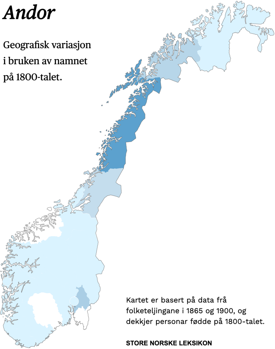 Geografisk variasjon i bruk av namnet Andor på 1800-talet.