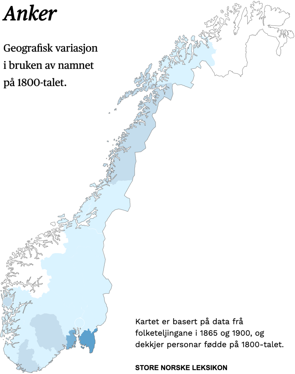 Geografisk variasjon i bruk av namnet Anker på 1800-talet.