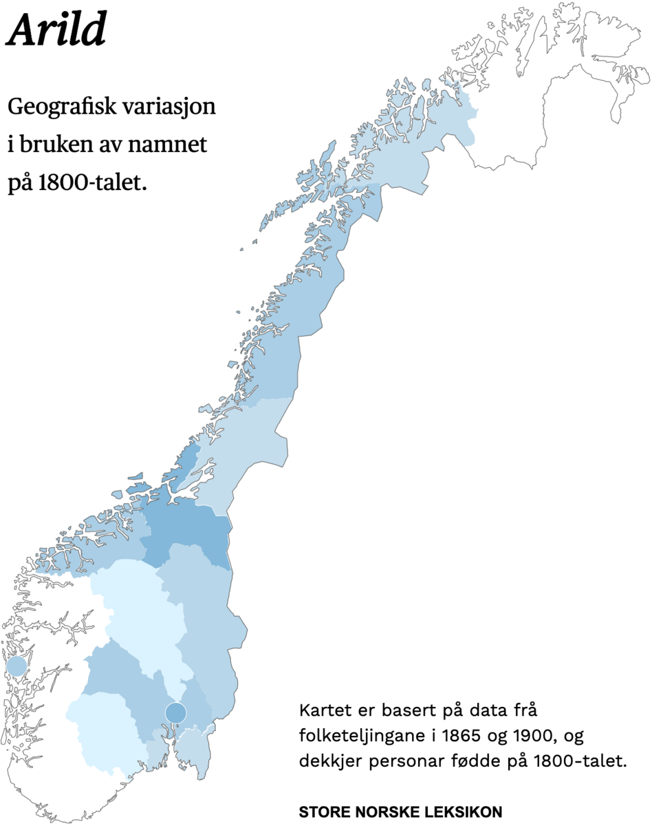 Geografisk variasjon i bruk av namnet Arild på 1800-talet.