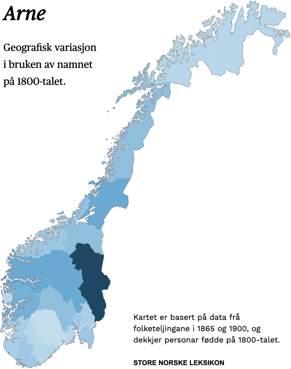 Geografisk variasjon i bruk av namnet Arne på 1800-talet.