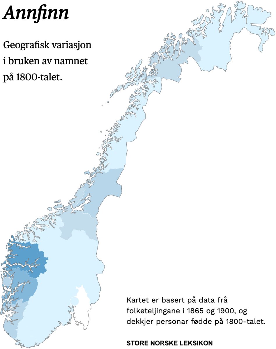 Geografisk variasjon i bruk av namnet Annfinn på 1800-talet.