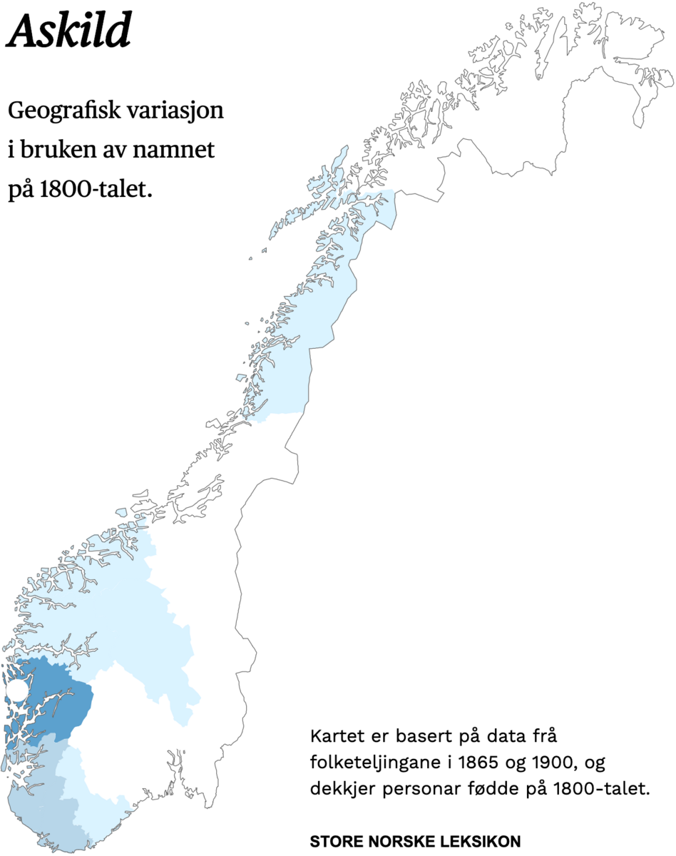 Geografisk variasjon i bruk av namnet Askild på 1800-talet.
