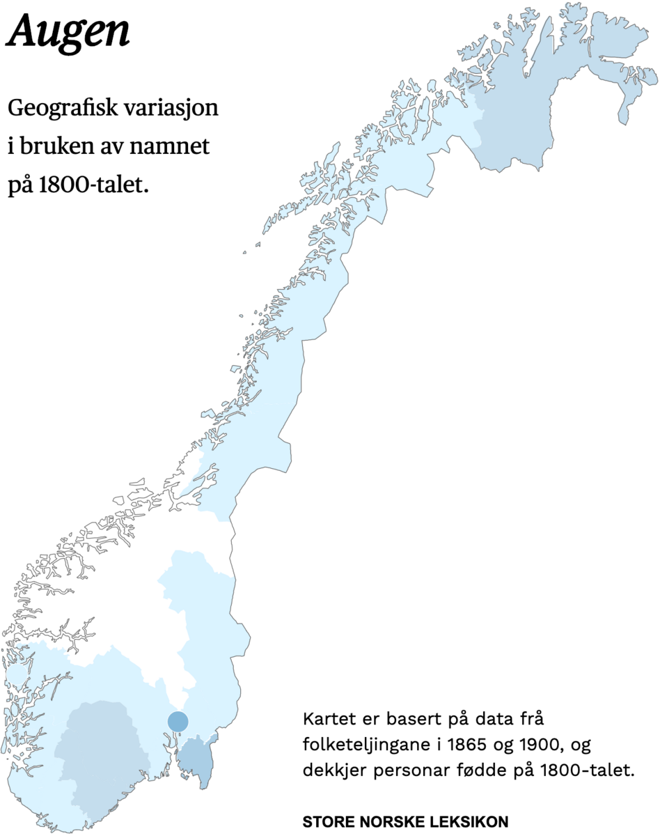 Geografisk variasjon i bruk av namnet Augen på 1800-talet.