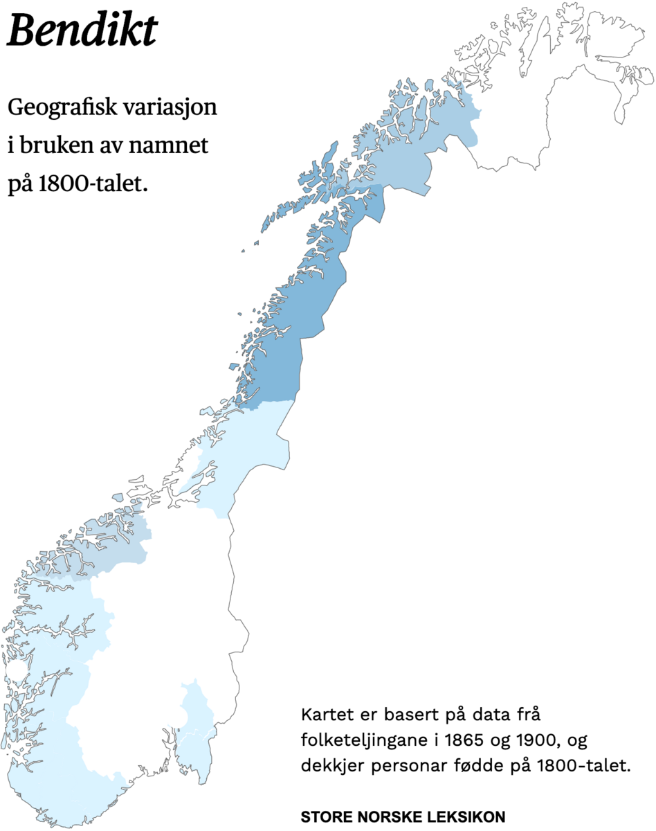 Geografisk variasjon i bruk av namnet Bendikt på 1800-talet.