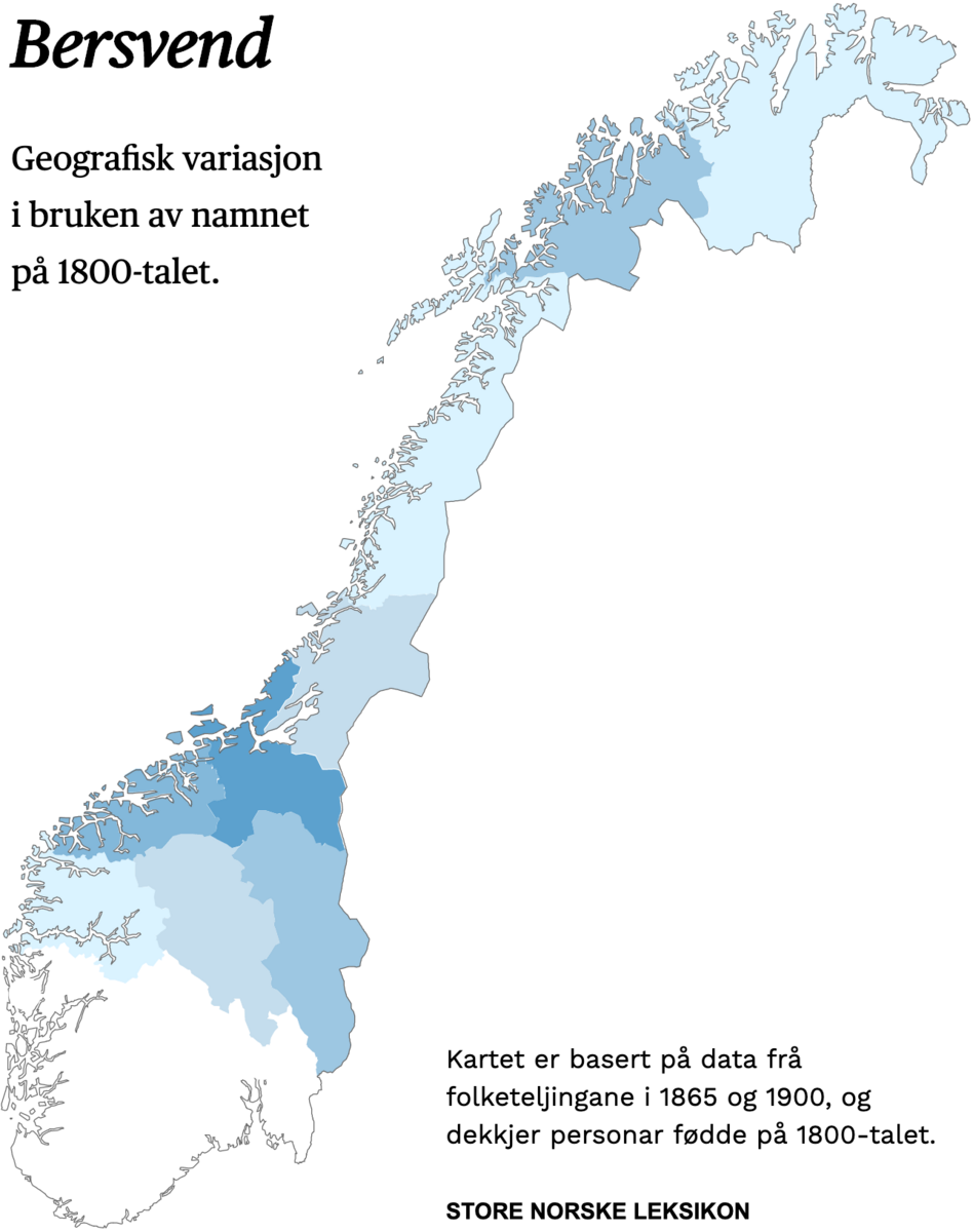 Geografisk variasjon i bruk av namnet Bersvend på 1800-talet.