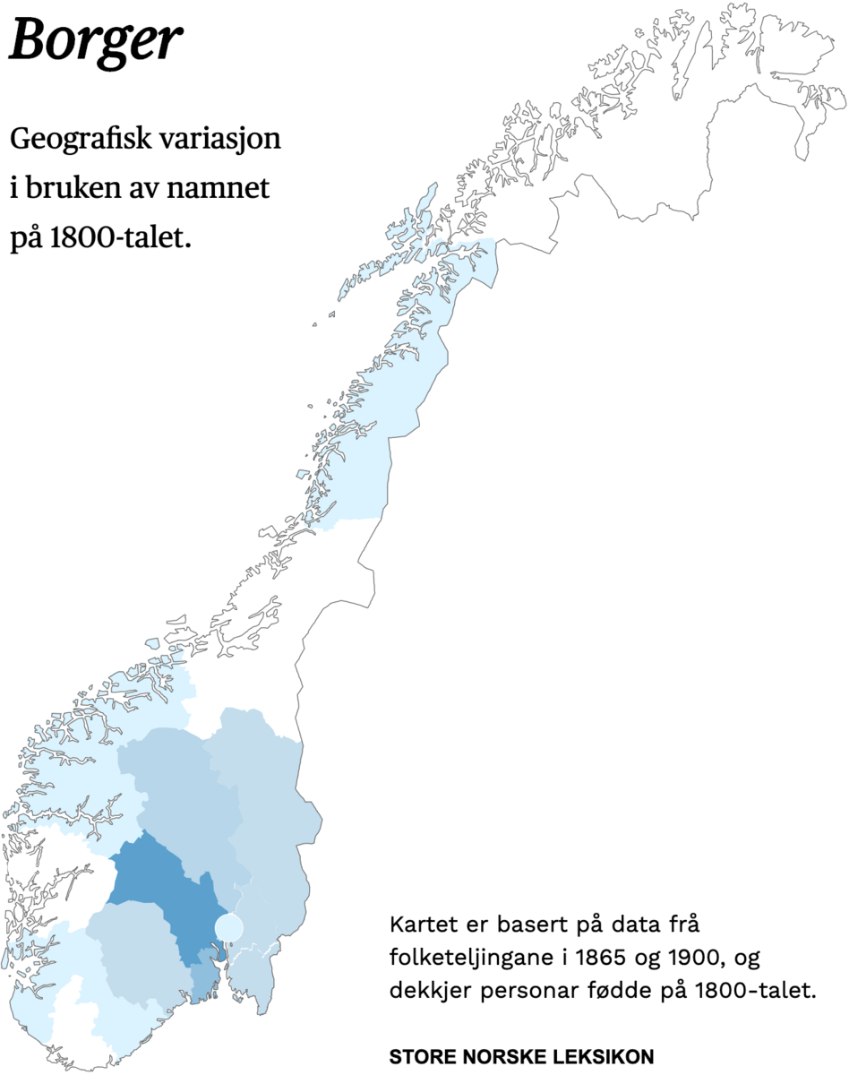 Geografisk variasjon i bruk av namnet Borger på 1800-talet.