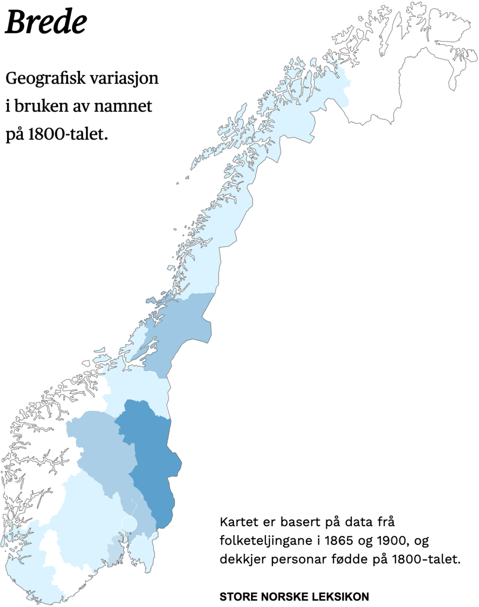 Geografisk variasjon i bruk av namnet Brede på 1800-talet.