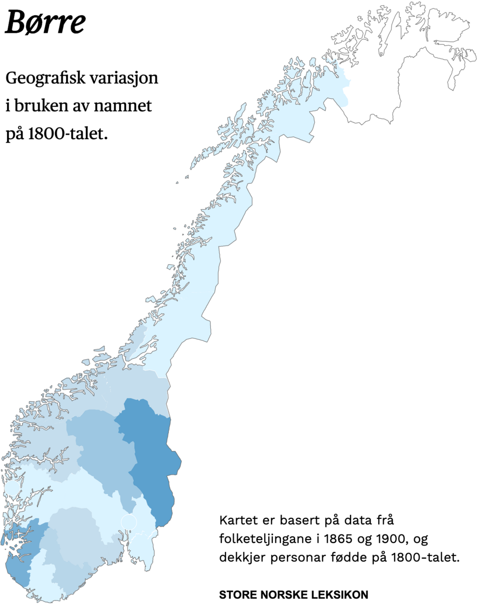 Geografisk variasjon i bruk av namnet Børre på 1800-talet.
