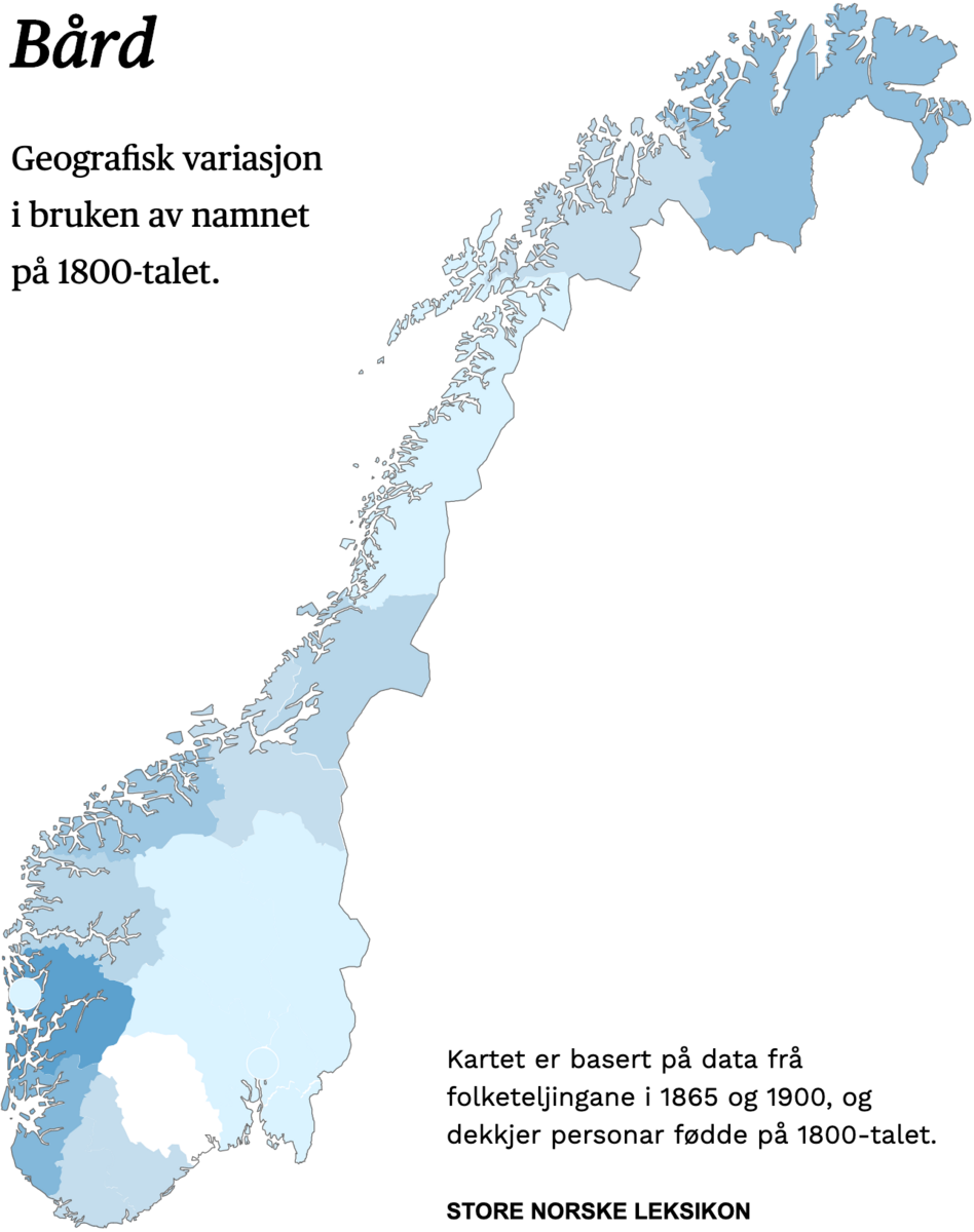 Geografisk variasjon i bruk av namnet Bård på 1800-talet.
